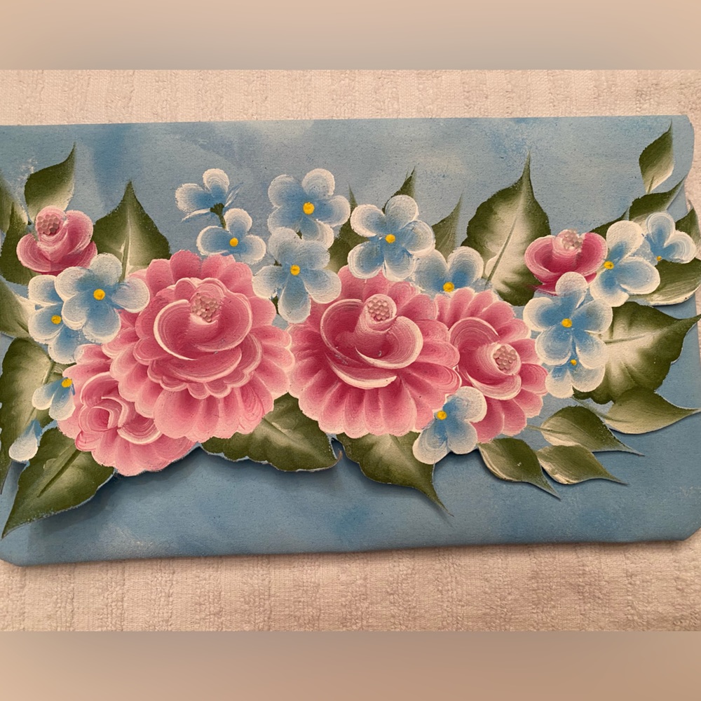 New Faux Leather Hand Painted Clutch Robins Egg Blue Pinks and Greenol Bo